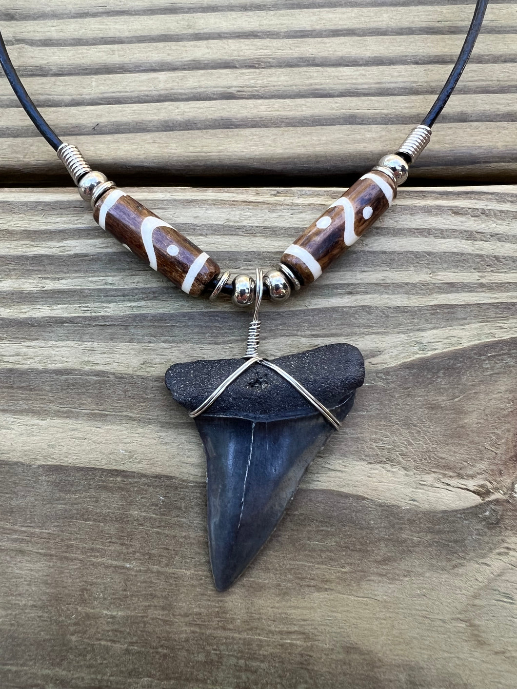 1 13/16 inch Fossilized Mako Shark Tooth Necklace With Brown and White Beads