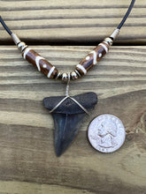 Load image into Gallery viewer, 1 13/16 inch Fossilized Mako Shark Tooth Necklace With Brown and White Beads
