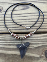 Load image into Gallery viewer, 1 13/16 inch Fossilized Mako Shark Tooth Necklace With Brown and White Beads
