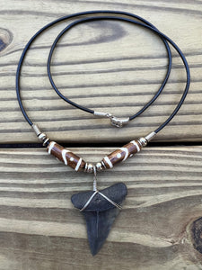 1 13/16 inch Fossilized Mako Shark Tooth Necklace With Brown and White Beads