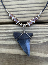 Load image into Gallery viewer, 1 13/16 inch Fossilized Mako Shark Tooth Necklace With Brown and White Beads
