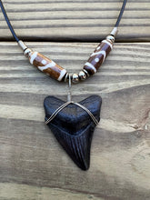 Load image into Gallery viewer, 1 13/16 inch Fossil Megalodon Shark Tooth Necklace With Brown and White Beads
