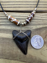 Load image into Gallery viewer, 1 13/16 inch Fossil Megalodon Shark Tooth Necklace With Brown and White Beads
