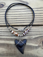 Load image into Gallery viewer, 1 13/16 inch Fossil Megalodon Shark Tooth Necklace With Brown and White Beads
