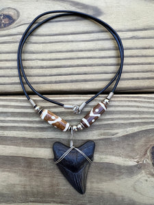 1 13/16 inch Fossil Megalodon Shark Tooth Necklace With Brown and White Beads