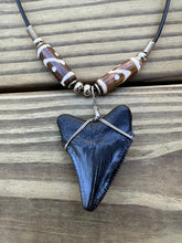 Load image into Gallery viewer, 1 13/16 inch Fossil Megalodon Shark Tooth Necklace With Brown and White Beads
