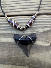 Load image into Gallery viewer, 1 3/4 inch Fossil Megalodon Shark Tooth Necklace With Brown and White Beads
