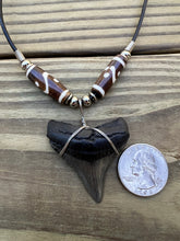 Load image into Gallery viewer, 1 3/4 inch Fossil Megalodon Shark Tooth Necklace With Brown and White Beads
