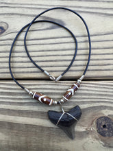 Load image into Gallery viewer, 1 3/4 inch Fossil Megalodon Shark Tooth Necklace With Brown and White Beads
