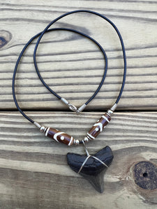 1 3/4 inch Fossil Megalodon Shark Tooth Necklace With Brown and White Beads