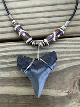 Load image into Gallery viewer, 1 3/4 inch Fossil Megalodon Shark Tooth Necklace With Brown and White Beads
